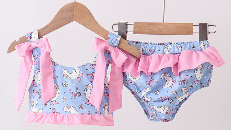 Purple duck print bow ruffle 2pc swimsuit