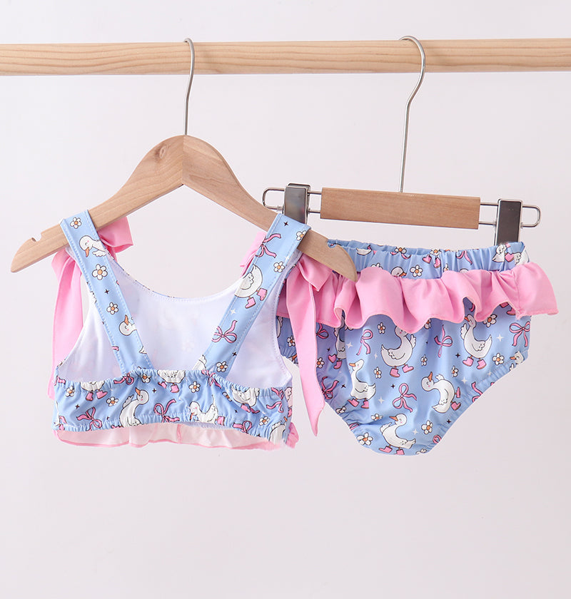 Purple duck print bow ruffle 2pc swimsuit